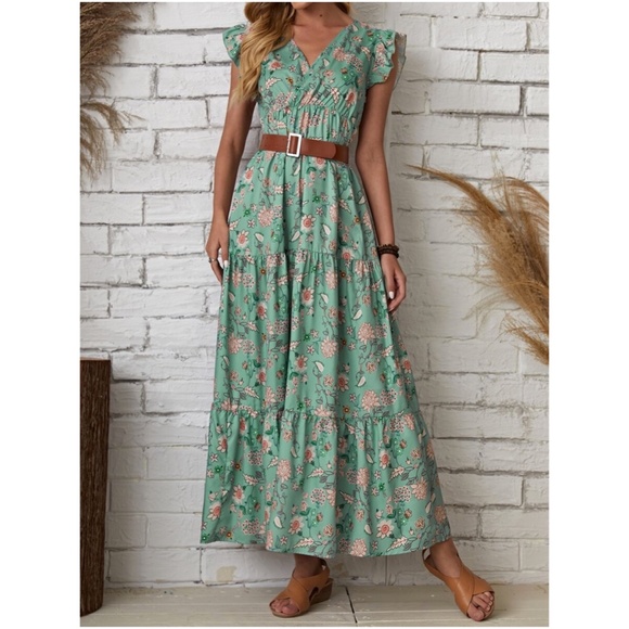 Mint Floral ruffle butterfly sleeve dress 60's - Picture 3 of 3